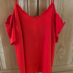 Red scallop Neck, cut out shoulder blouse.
